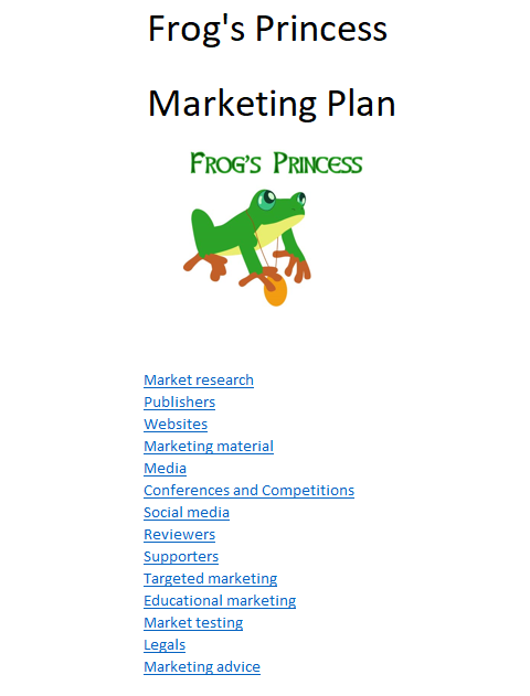 Contents page of Frog's Princess Marketing Plan