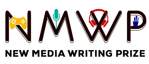 New Media Writing Prize logo, being the initials NMWP overlaid with a game controller, microphone, headset and pencil holder.