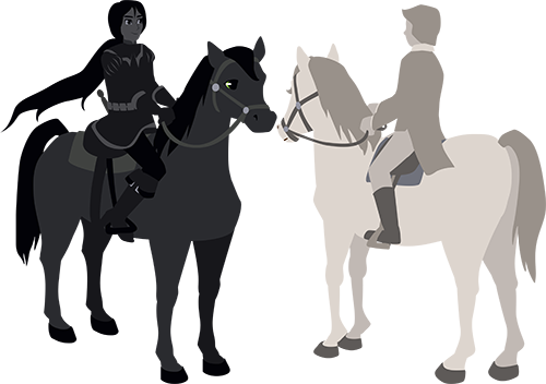 Prince Valimar on his horse with long hair streaming faces the Prince of Calden on his horse.