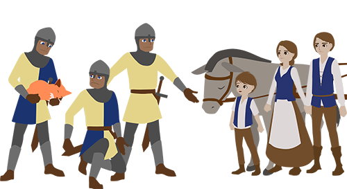 One soldier holds a fox cub, one kneels, and the third is Soldier Willard with his arms out protecting them, a village family of mother, father and son stand by their donkey.