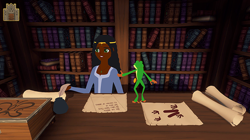 In a room lined with bookshelves, Frog stands on a desk next to parchment with writing on it talking to Princess Ramona who is putting her quill pen in an ink pot.