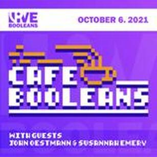 Pixel poster with banner at the top showing Live Booleans logo and show date.  Title Cafe Booleans is overlaid with steaming coffee cup.  Banner at the bottom lists guests for the show.