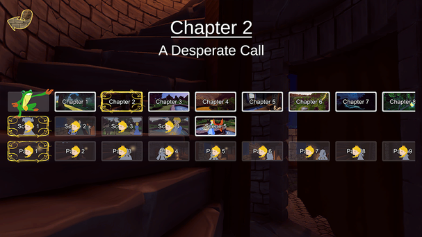 Title Chapter 2, A Desperate Call, is over a background of a stairs in a stone castle.  There are 3 rows of buttons which are inlaid with miniature scenes.  The top row has buttons for Chapter 1 to Chapter 8 and the last button is cut off, indicating there are more chapters.  The middle row is Scenes 1 through to 5.  The bottom row has pages 1 to 9, the last button also cut off.  Scenes 1 to 4 and all the page buttons are overlaid with princess heads, indicating you can only open them if you are playing as the Princess.