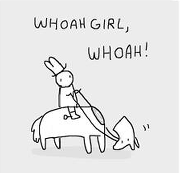 Cartoon of cowboy on horse saying Whoa girl, whoa, as her head falls off.