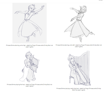 Sketches of Emma dancing and playing harp, not seen in game - copy of images on Fan Art page