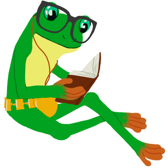 Frog reads book wearing glasses