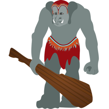Picture of giant holding club, with teeth like tusks and ears like an elephant's.