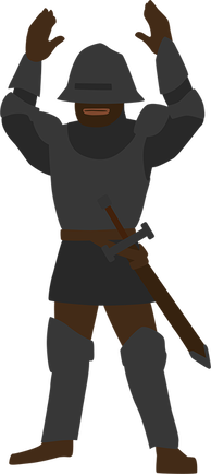 Iron Henry stands in full armor with his hands over his head.