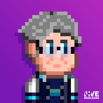 Portrait of grey haired woman wearing college jacket made entirely of pixels, with an artist signature at the bottom sayig Live Booleans.