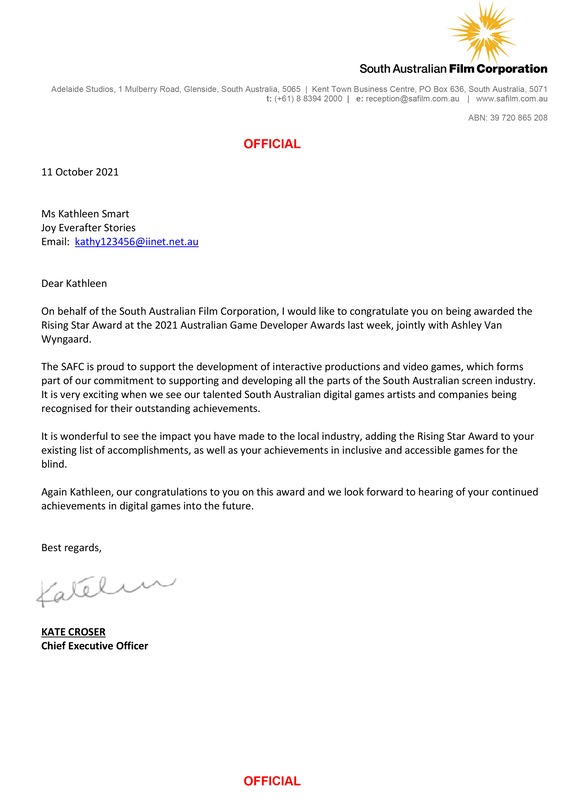 Letter on South Australian Film Corporation letterhead addressed to Kathleen Smart on 11 October 2021, congratulating her for being awarded a Rising Star Award at the 2021 Australian Game Developer Awards, and signed by Kate Croser, Chief Executive Officer.
