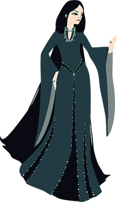 Lady Lorelei puts her hand out in a stop sign wearing robes decorated with jewels.