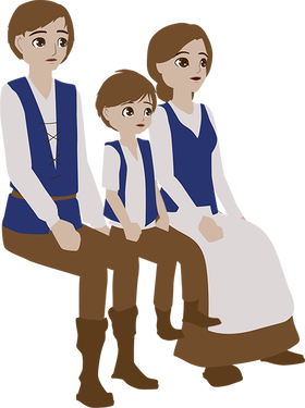 A man, woman and child in matching simple clothes all look surprised as they sit together.