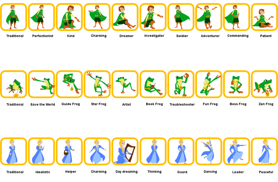 10 images for each character.  Prince Traditional, Perfectionist, Kind, Charming, Dreamer, Investigator, Soldier, Adventurer, Commanding, Patient.  Frog Traditional, Save the World, Guide Frog, Star Frog, Artist, Book Frog, Troubleshooter, Fun Frog, Boss Frog, Zen Frog.  Princess Traditional, Idealistic, Helper, Charming, Day dreaming, Thinking, Guard, Dancing, Leader, Peaceful.