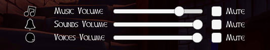 Part of Settings menu showing sliders and mute buttons for Music, Sounds and Voices volumes