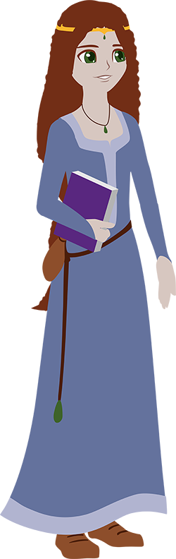 Princess Ramona stands holding a book under one arm.  She wears a necklace with a green stone matching her green eyes.  From her belt hangs a green jewel matching the one on her forehead, and a draw-bag probably holding medicine.  Her hair hangs to her thighs.