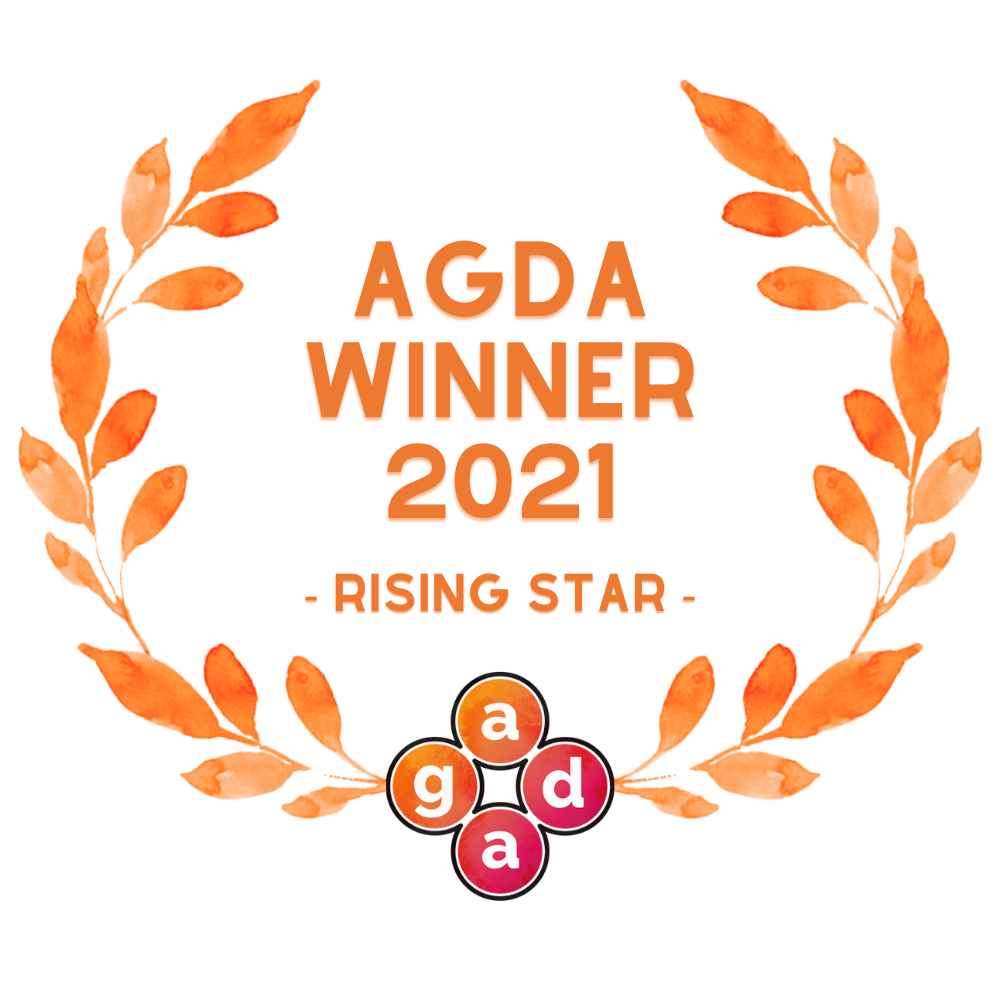 Laurel wreath contains the text AGDA winner 2021 Rising Star.  At the bottom of the wreath is the AGDA logo.