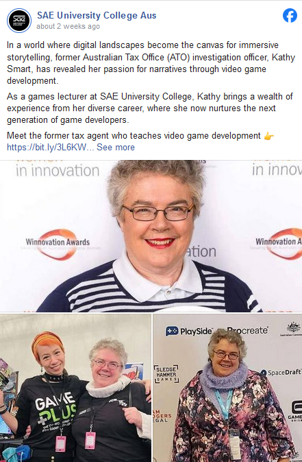 This is an image of a website news article which is a composite of text and images.  The link below this image will take you to the text and images.  The images feature Kathy smiling in front of a Women in Innovation Award wall, Kathy and Onnie Chan, and Kathy in front of a GCAP sponsor wall.
