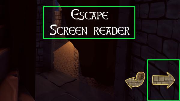 Words Escape Screen Reader are outlined in green, as is the Play button, overlaid over a dim background showing an open curtain.