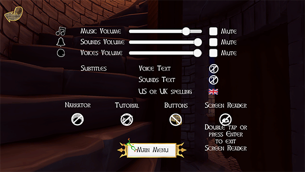 Settings menu overlays stone spiral staircase.  Settings are in groups of sound control, text control, then Narrator, Tutorial, Buttons, and Screen Reader.  Main Menu button is at the bottom.