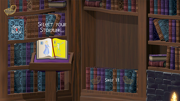 Bookshelves and a lectern holding an open book with a princess on one page and a frog on the other.  Above the book it says Select Your Storyline.