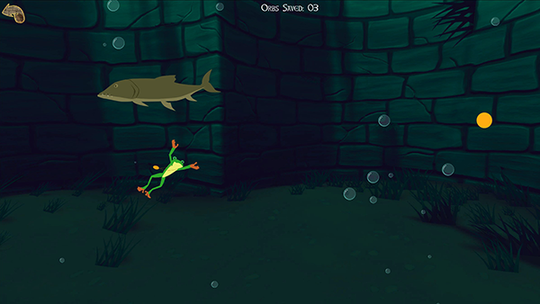 Frog is swimming in the well.  Bubbles are rising.  2 golden balls show in the image and the score at the top is 0