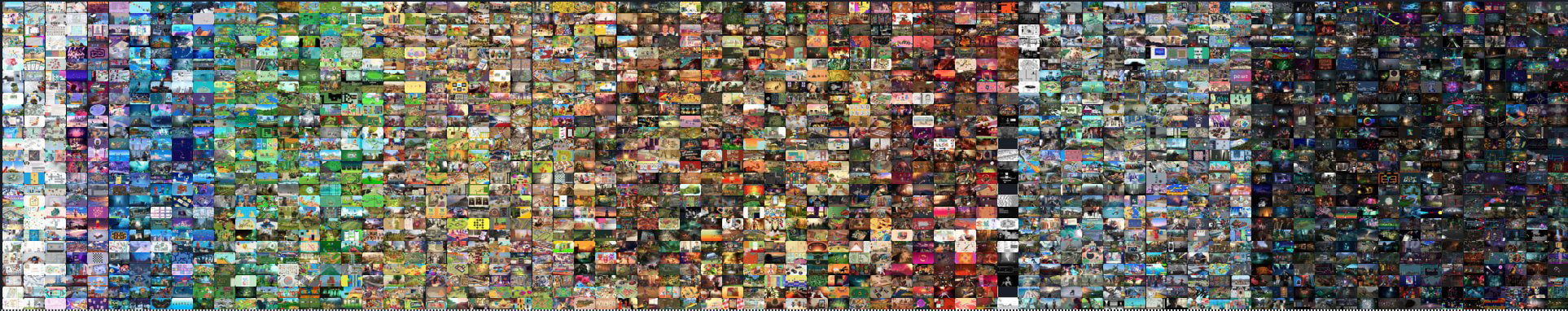 A composite of 74 images across, 27 images down, sorted into overall colour to produce a rainbow effect across the grid.  The Frog's Princess image is 67 across and 18 down.