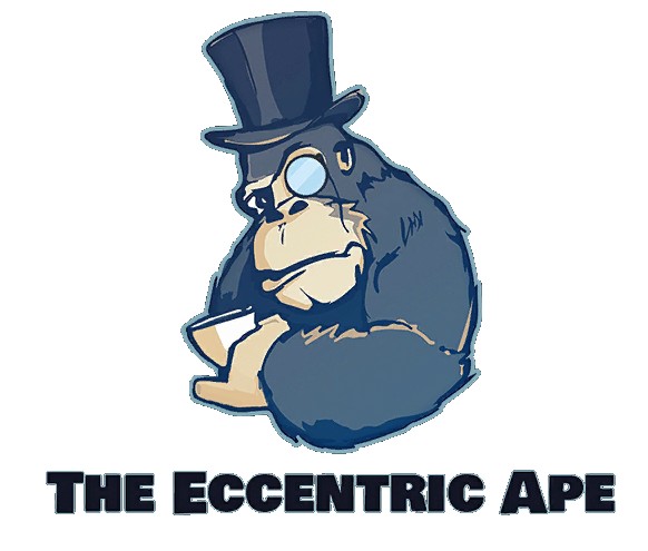 Logo for The Eccentric Ape showing a gorilla in a top hat with a monocle, holding a cup of coffee