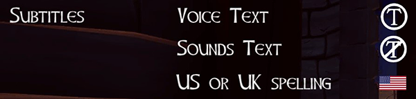 Subtitles toggles for Voice Text, Sounds Text and US or UK spelling.