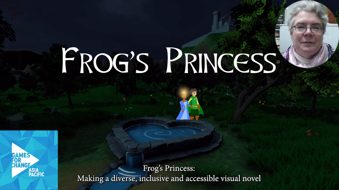 Poster showing Prince Francis and Princess Emma by a heart-shaped well at night time with a castle on a hill behind them.  Emma's crown is shining and they are looking at something shining in a tree.  In the top right hand corner is a headshot of Kathy Smart.  In the bottom left hand corner is the Games For Change Asia Pacific logo.  The poster is entitled Frog’s Princess: Making a diverse, inclusive and accessible visual novel  