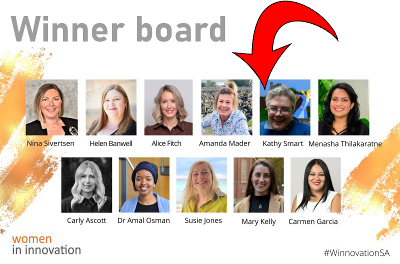 Poster titled Winner board with headshots of 11 women and a big red arrow pointing to Kathy Smart.  The women in innovation logo is at the bottom left and #WinnovationSA is at the bottom left.